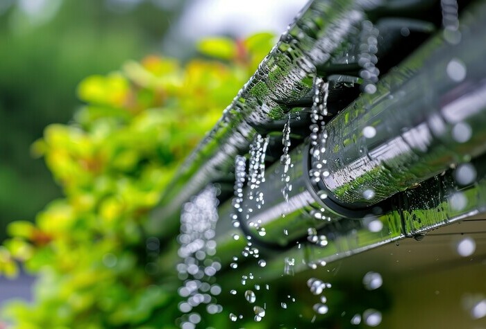 Close-up of rainwater flowing off a roof gutter, with green plants in the background and droplets captured in mid-air.