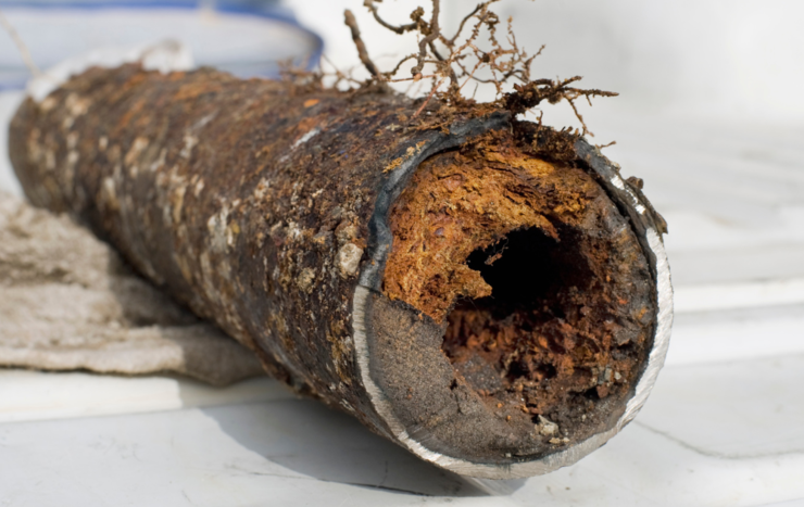 close-up of a section of old steel waste oipe recealng the reason why the water takes so long to drain