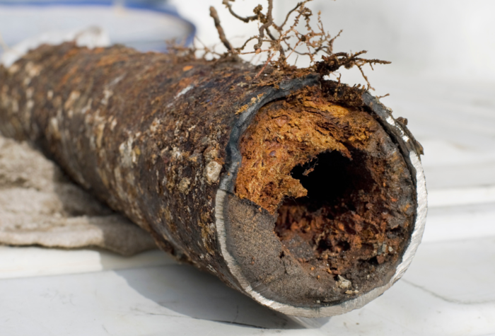 close-up of a section of old steel waste oipe recealng the reason why the water takes so long to drain